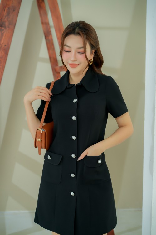 Sixdo Black Short Sleeves Mini Woven Dress